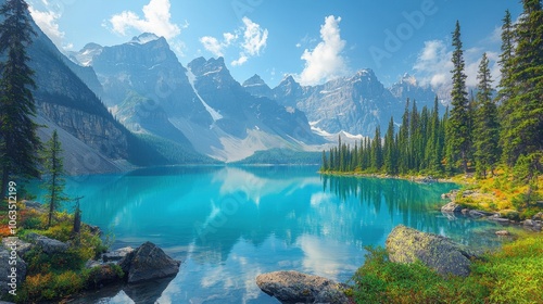 Serene Mountain Lake Landscape with Clear Blue Water and Majestic Peaks