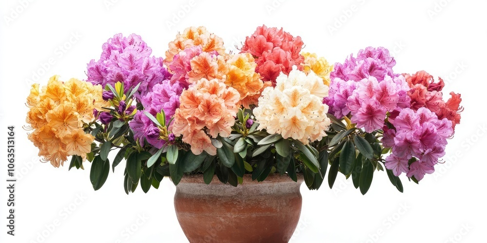 Obraz premium A lovely display of vibrant rhododendrons beautifully arranged in a pot, set against a clean white background, captures attention with their stunning colors and appearance.