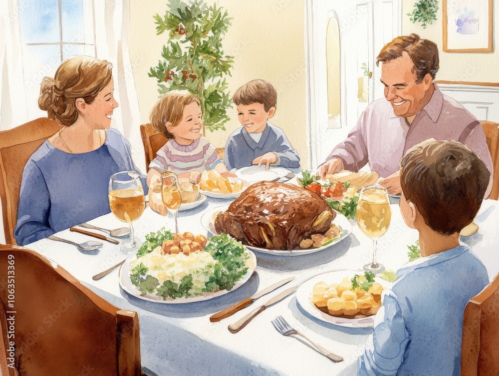 Family gathering around a dinner table with festive food and drinks.
