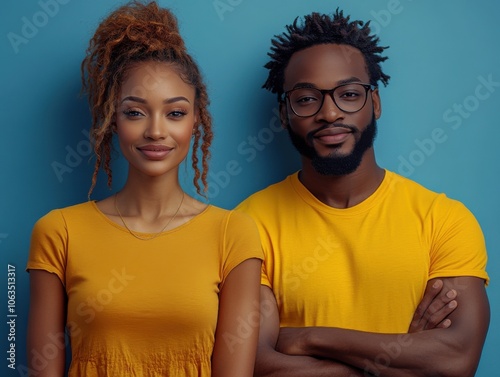 Two people smile warmly against a solid blue background, both wearing matching mustard yellow outfits.