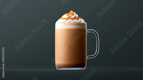 A frothy caramel macchiato with a swirl of caramel on top, served in a glass mug photo