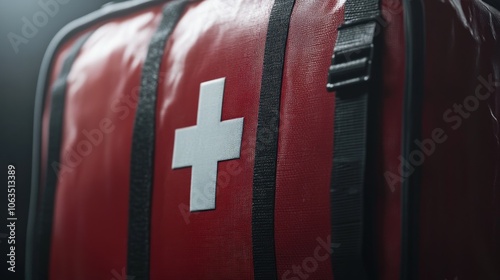 A close-up of a red first aid kit featuring a white cross symbol.