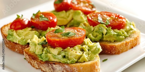 Toasted bread topped with creamy avocado and fresh cherry tomatoes is presented on a white surface, creating a simple yet appealing dish thats full of flavor.