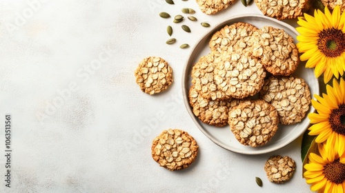 Delicious homemade oatmeal cookies with sunflower seeds artfully arranged on a white table. This autumn food concept provides ample space for text and creative presentation.