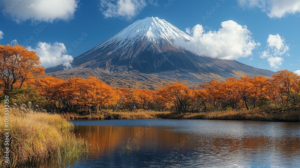 Fototapeta premium Majestic Mountain Peak with Autumn Foliage and Lake Reflection