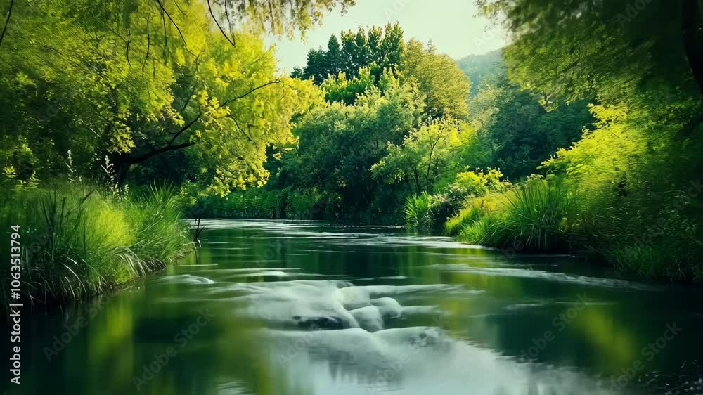 A lush green river flows through a dense forest on a sunny day A lush green river flows through a dense forest on a sunny day