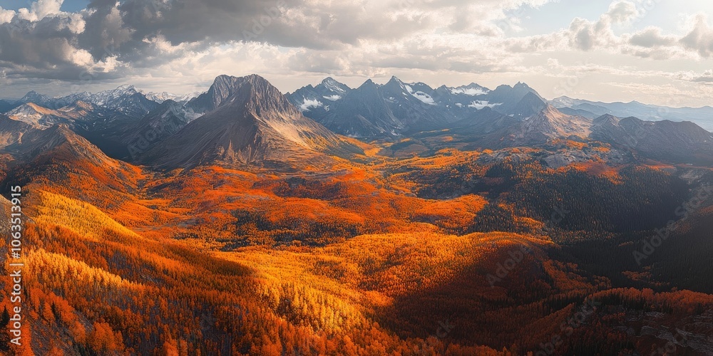 Naklejka premium A stunning aerial perspective showcases mountains adorned with bright orange leaves, highlighting the vivid colors of fall foliage in a breathtaking landscape.