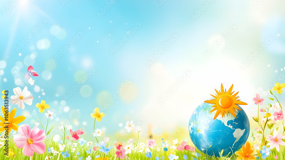 Naklejka premium Earth Day Spring Background, nature, flowers, green, blue, sky