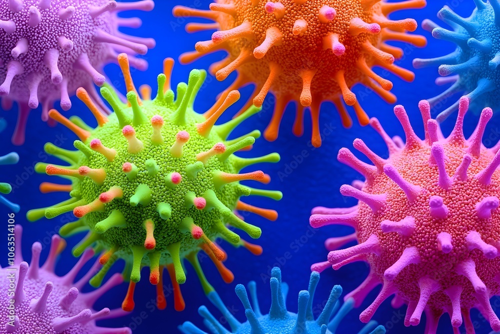 Obraz premium Colorful Digital Illustration of Virus Cells Under Microscope