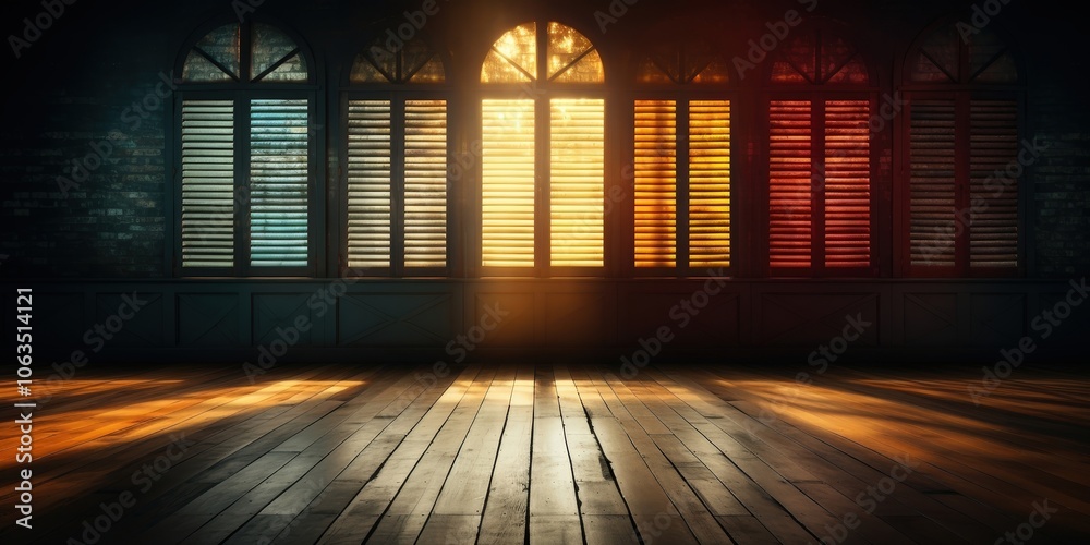 A beam of light through a row of vintage windows illuminates an empty wooden floor A beam of light through a row of vintage windows illuminates an empty wooden floor