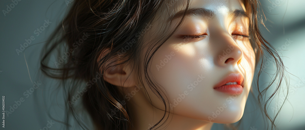 serene woman with closed eyes basks in soft sunlight, highlighting her glowing skin and delicate features. Her wavy hair frames her face, creating peaceful and dreamy atmosphere serene woman with closed eyes basks in soft sunlight, highlighting her glowing skin and delicate features. Her wavy hair frames her face, creating peaceful and dreamy atmosphere