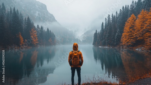 Man with Backpack Contemplating Tranquil Mountain Lake in Autumn
