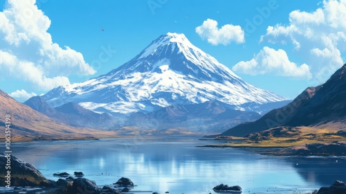 A snow-capped volcano standing tall in the distance,