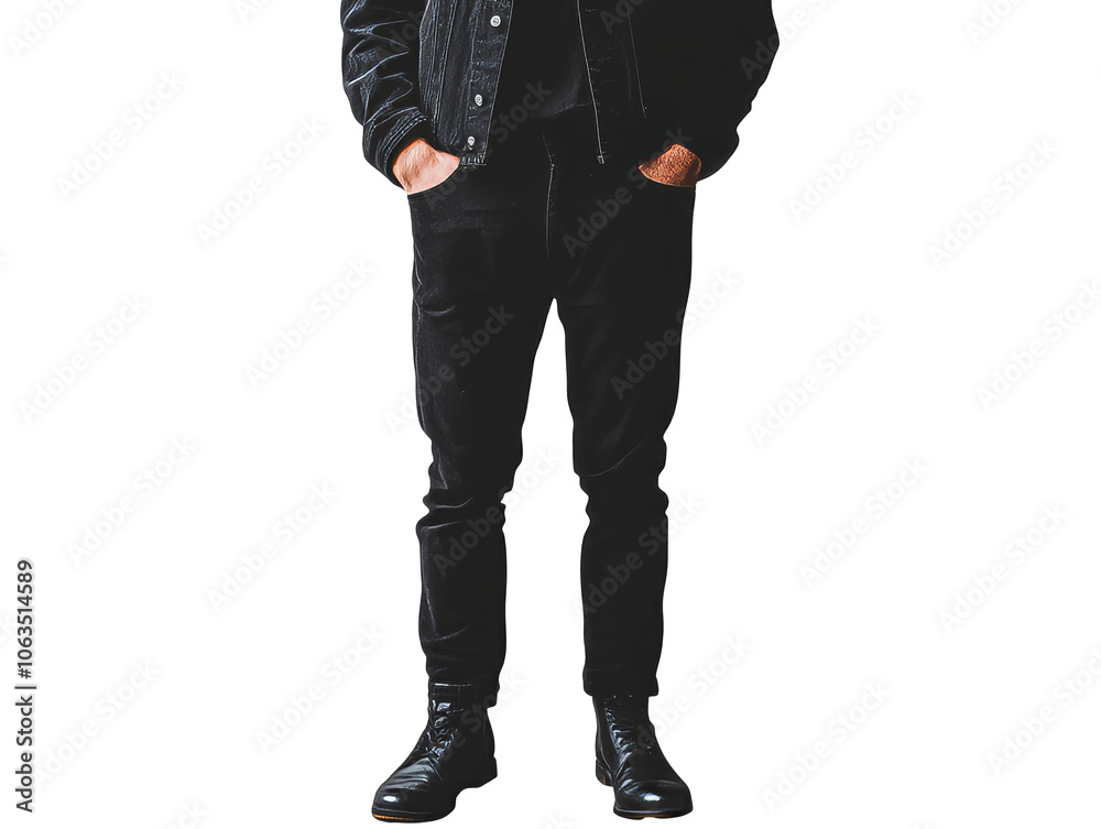 Casual streetwear style with black denim and boots, cut out transparent Casual streetwear style with black denim and boots, cut out transparent