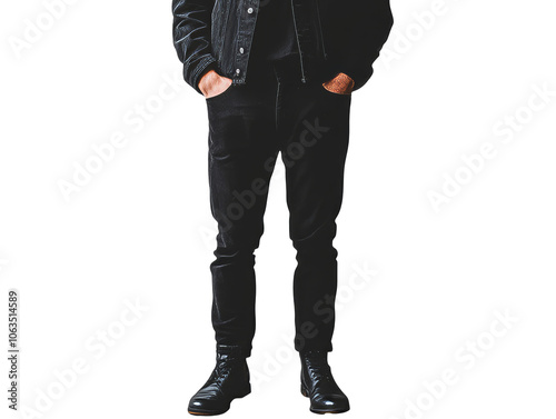 Casual streetwear style with black denim and boots, cut out transparent