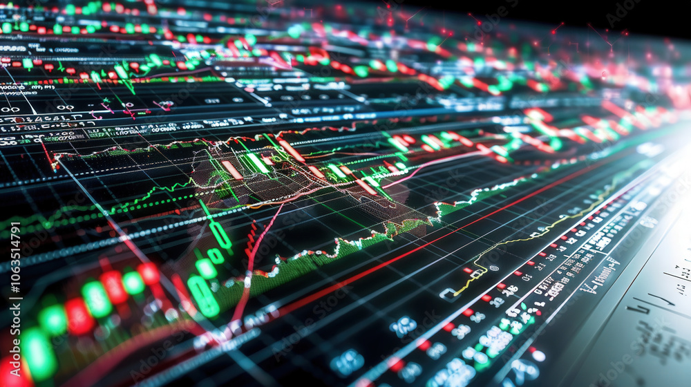 Financial data chart with uptrend lines and key indicators, showcasing vibrant green and red candlestick patterns. This represents market trends and analysis
