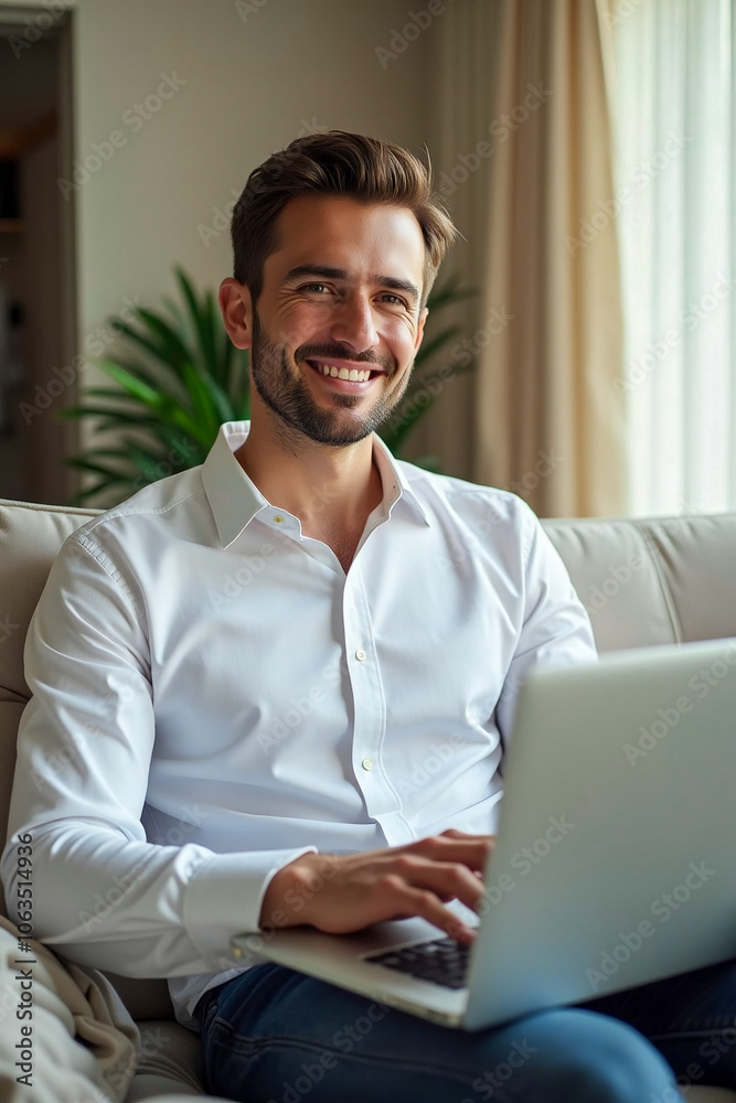 Handsome man using laptop at home. Handsome man using laptop at home.