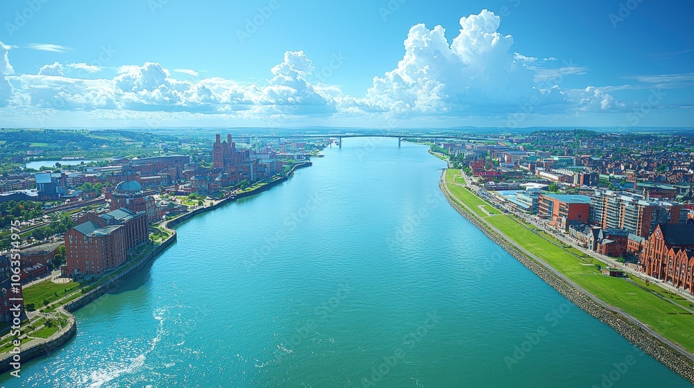 Naklejka premium Aerial View of Cityscape with River and Bridge