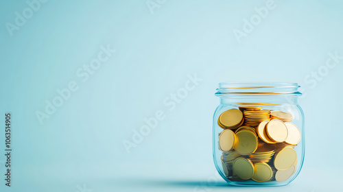 Glass Jar of Gold Coins on Blue Background for Financial Planning Concept