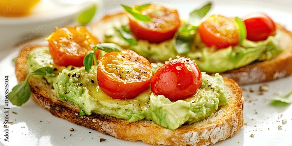 Toasted bread topped with creamy avocado and fresh cherry tomatoes is presented on a white surface, creating a simple yet appealing dish thats full of flavor.