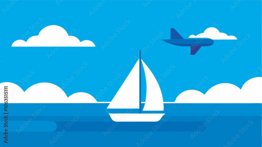 Naklejka premium Image shows calm sea, blue sky, sailboat with visible sails, small plane flying, promoting tranquility and freedom.