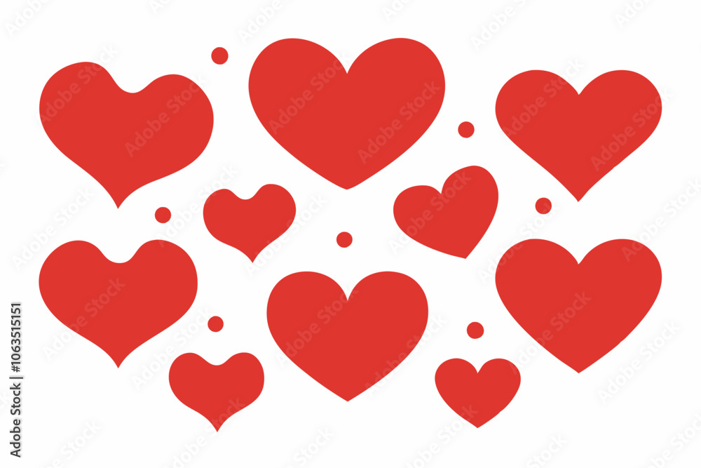 Image shows 10 red hearts of different sizes and transparency levels on white background. Hearts are scattered unevenly, creating dynamic look. Image shows 10 red hearts of different sizes and transparency levels on white background. Hearts are scattered unevenly, creating dynamic look.