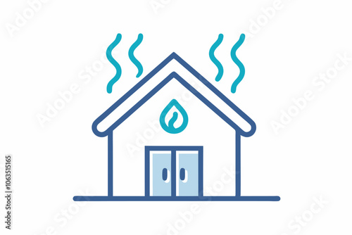Image shows stylized house with blue-green gradient on white background. Smokestack emits heat, fire symbolizes warmth/heating theme.