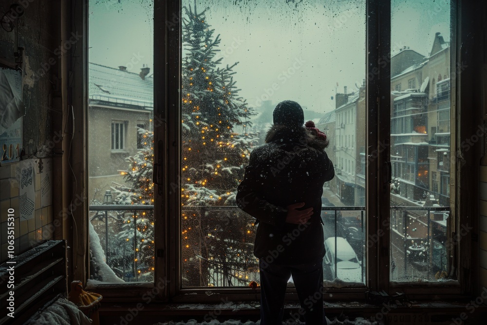 A man warmly hugs his father near a window, overlooking a snowy street with a lit Christmas tree, creating a cozy and nostalgic winter atmosphere. A man warmly hugs his father near a window, overlooking a snowy street with a lit Christmas tree, creating a cozy and nostalgic winter atmosphere.