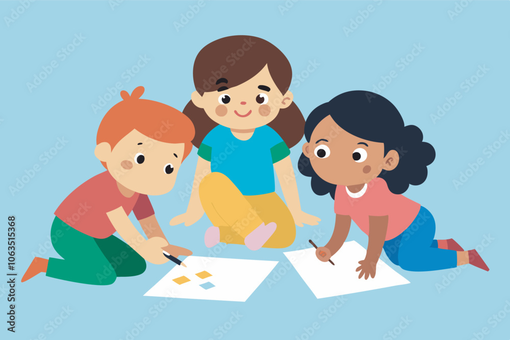 Three children draw on paper with markers. Boy in red, girl in yellow dress, and dark-skinned girl in pink and white dress focus on art against blue background. Three children draw on paper with markers. Boy in red, girl in yellow dress, and dark-skinned girl in pink and white dress focus on art against blue background.