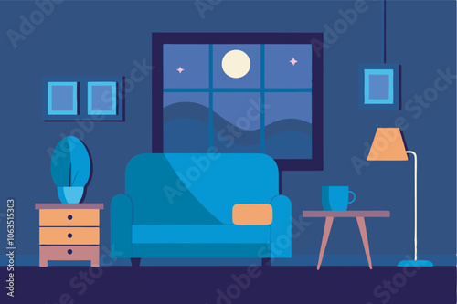 A cozy living room at night depicted with a blue couch, plant, and picture frames, creating a peaceful and calming atmosphere ideal for relaxation.