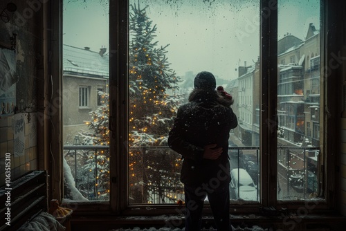 A man warmly hugs his father near a window, overlooking a snowy street with a lit Christmas tree, creating a cozy and nostalgic winter atmosphere.