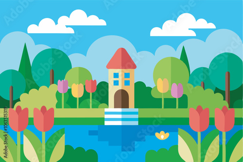 A serene spring park scene with a small house, pool, trees, and tulips, reflecting nature's beauty in a tranquil setting. 