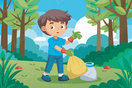 A young boy in the forest collects trash in a positive, energetic setting. He wears blue and red clothes, with plants and trees in the background.