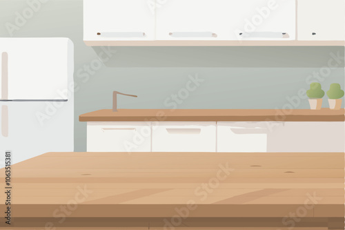 A modern kitchen with a clean, organized look. Features include a counter, sink, plants, and a white refrigerator, creating a peaceful ambiance.