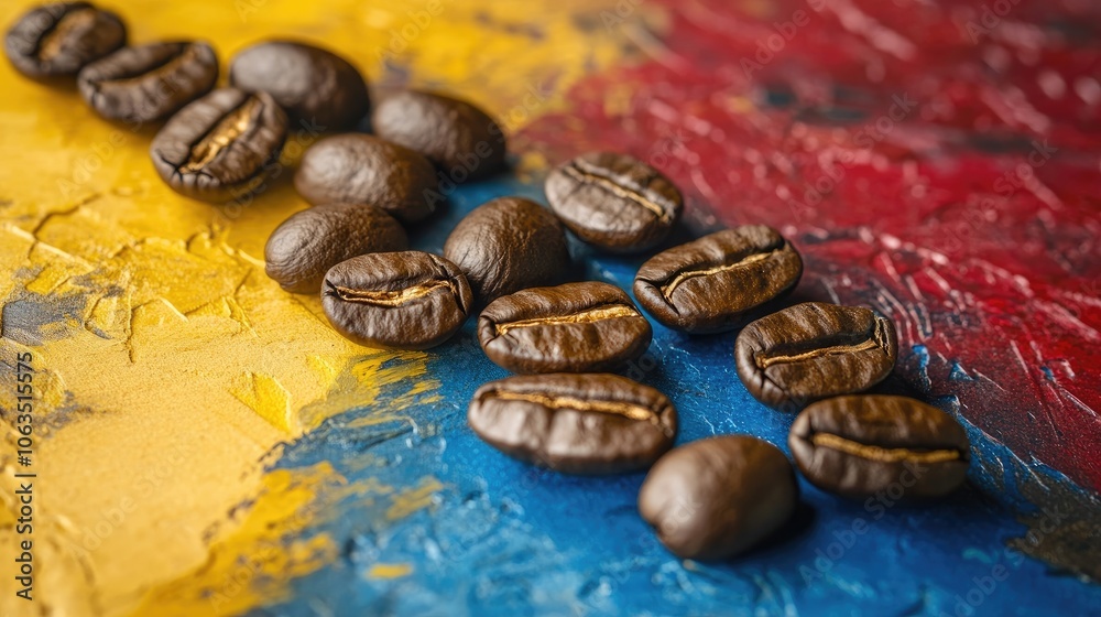 Vibrant coffee beans arranged on a colorful surface reminiscent of a national flag, capturing the essence of coffee culture with ample copy space for creative use. Vibrant coffee beans arranged on a colorful surface reminiscent of a national flag, capturing the essence of coffee culture with ample copy space for creative use.