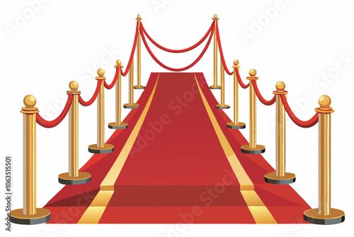 The image shows a glamorous red carpet event setup with gold barriers, red ropes, and a backdrop for a celebratory atmosphere.