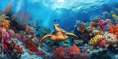 Fototapeta Naklejka Na Ścianę i Meble -  A turtle resides within a colorful coral reef ecosystem, surrounded by the vivid marine life and beauty of the underwater world offered by this vibrant coral habitat.