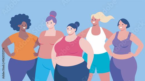 Image shows five diverse women in sportswear, outdoors with a blue sky background. They look happy, confident, and proud in challenging beauty norms with positive representation.