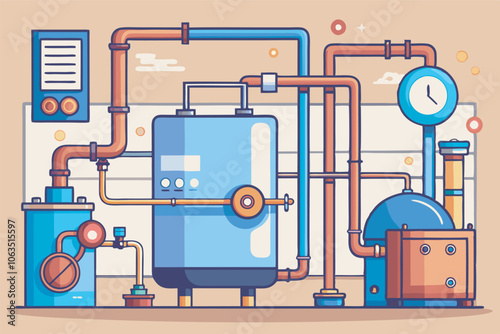 Image shows a complex machine setup in a factory or research facility with water heater, pipes, valves, and gauges. Reflects a high-tech steam factory or scientific setting.