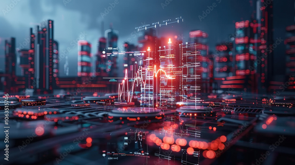 Fototapeta premium Futuristic stock market chart with holographic elements in vibrant cityscape. glowing data visualizations reflect high tech environment, showcasing advanced technology and innovation
