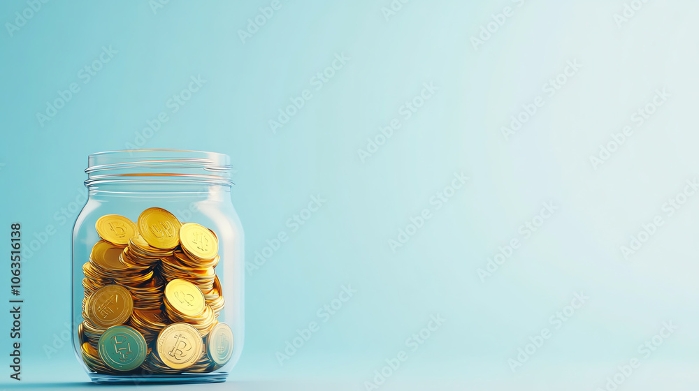 Glass Jar of Gold Coins on Blue Background for Financial Planning Concept Glass Jar of Gold Coins on Blue Background for Financial Planning Concept