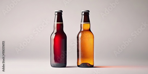 Two unique beer bottles are presented against a plain white background, clearly showcasing their distinctive features and designs in a stark, unobtrusive setting. photo