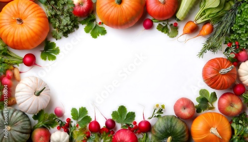 Colorful autumn harvest border with pumpkins, radishes, and leafy herbs on a white background. Generative AI