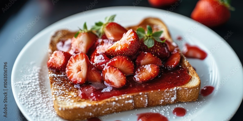 White plate featuring toast topped with a delightful strawberry compote for a delicious treat. Perfectly toasted, this dish highlights the sweet strawberry compote beautifully. White plate featuring toast topped with a delightful strawberry compote for a delicious treat. Perfectly toasted, this dish highlights the sweet strawberry compote beautifully.
