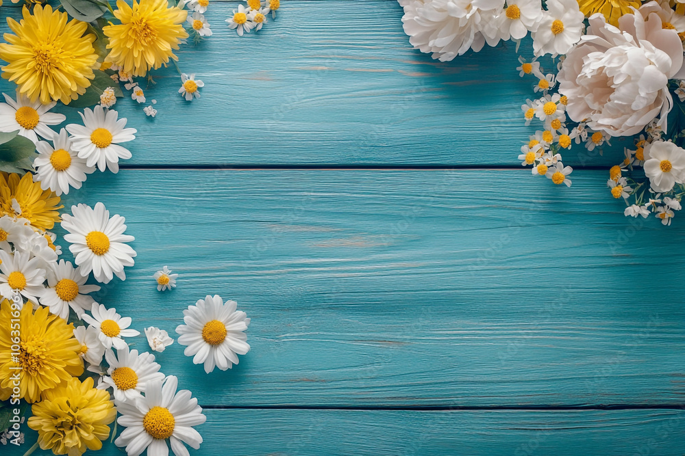 Fototapeta premium A old wooden plank background with a variety of yellow and white flowers, including daisies on the sides.