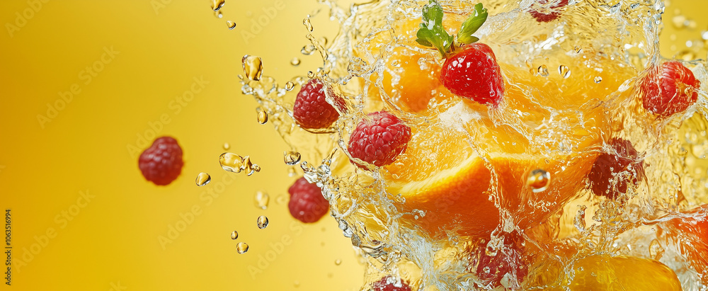 Fresh fruits and berries with water splashes on yellow gradient background. Copy space banner for advertising Fresh fruits and berries with water splashes on yellow gradient background. Copy space banner for advertising