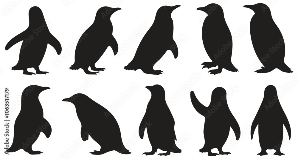 Naklejka premium Set of penguin silhouettes in various poses. vector illustration isolated on white background.