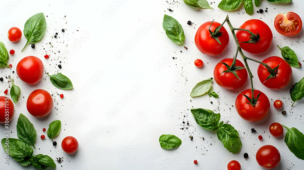 Tomatoes, Basil and Peppercorns on White Background, Food Photography, Culinary, Fresh, Organic, Ingredients Tomatoes, Basil and Peppercorns on White Background, Food Photography, Culinary, Fresh, Organic, Ingredients