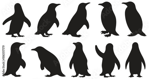 Set of penguin silhouettes in various poses. vector illustration isolated on white background.