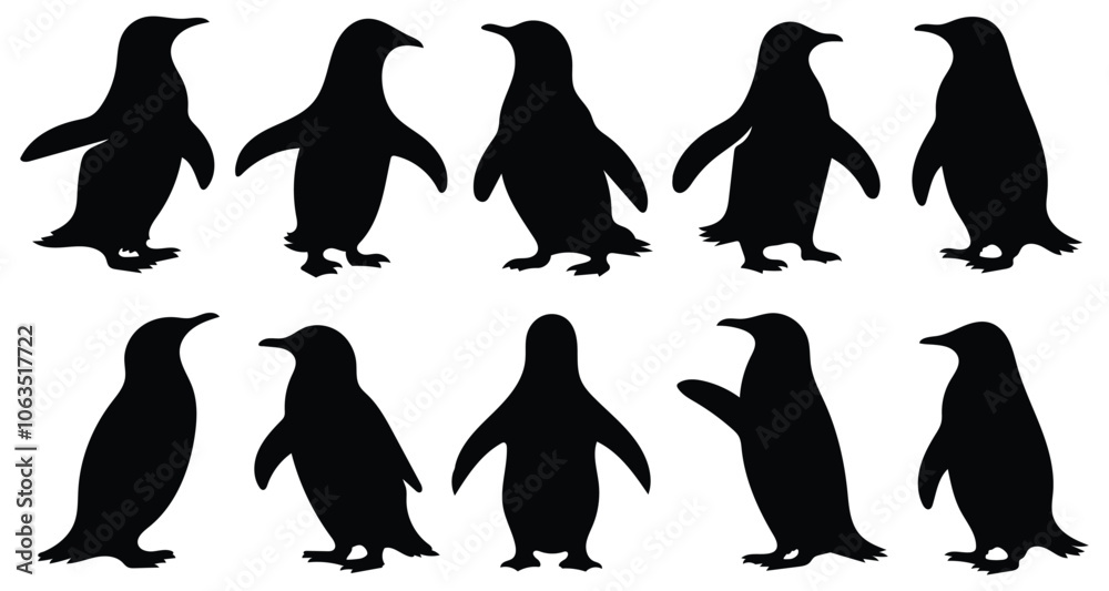 Fototapeta premium Set of penguin silhouettes in various poses. vector illustration isolated on white background.
